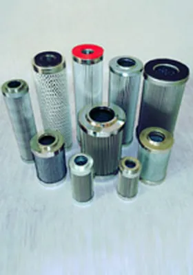 A collection of hydraulic filters in various sizes and designs, featuring metal mesh and pleated elements for fluid filtration in industrial systems