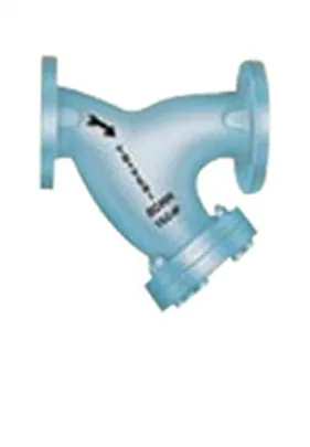 Blue Y-strainer with flanged ends, designed to filter debris from pipelines in industrial systems, featuring a mesh screen and angled chamber for easy cleaning.