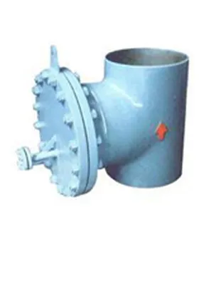 Industrial T strainer with a bolted cover and flanged body, designed for horizontal pipeline installation to filter debris from fluid systems.