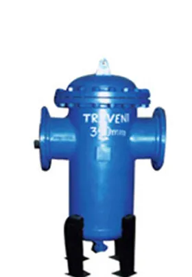 Blue industrial basket strainer with side inlet and outlet flanges, labeled “TRIVENI 32 mm,” designed for filtering debris from pipelines.