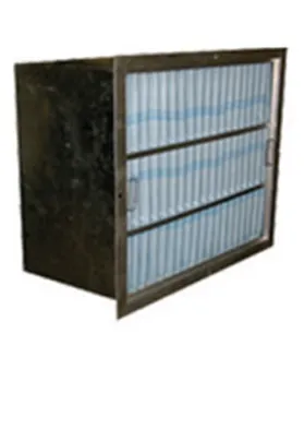 A rectangular panel filter with a metal frame and pleated filtering material, designed for air purification in industrial or HVAC systems.