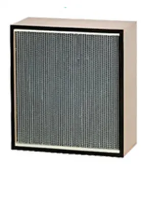 Rectangular HEPA filter unit with pleated media and metal mesh support, designed for high-efficiency air filtration in cleanroom and HVAC applications