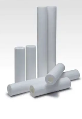 White cylindrical melt blown cartridges in various sizes, used for filtering impurities from liquids in water treatment and industrial filtration systems.