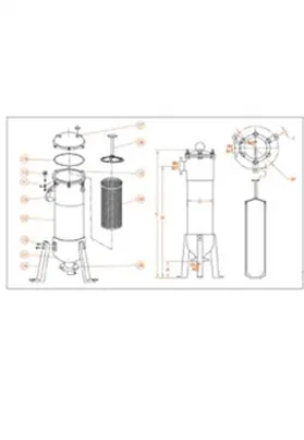 Technical diagram of a bag filter housing showing component breakdown, assembly structure, internal filter bag placement, and dimensional specifications