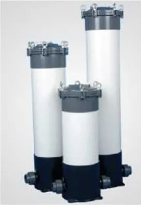 Three vertical cartridge filter housings with secure clamp lids and inlet/outlet connections, used for liquid filtration in industrial and commercial systems.