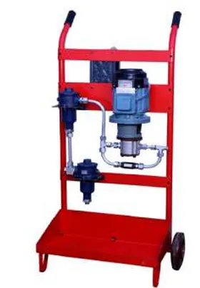 Red offline filter unit mounted on a wheeled frame, featuring a motor, filtration components, and hoses for fluid purification in industrial applications.
