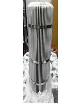 Sewn radial fin filter with vertically aligned pleated material, reinforced by metal bands, designed for efficient air or fluid filtration in industrial systems.