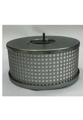 Round metal air filter with a perforated grid design and central mounting rod, used to trap airborne particles in industrial or HVAC systems.