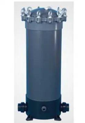 Tall cylindrical industrial filter with a bolted top and dual side inlets, designed for heavy-duty fluid or air filtration in industrial applications.