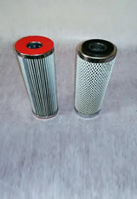 Two cylindrical fuel filters with metal mesh and pleated designs, featuring top openings for attachment, used for removing impurities from fuel systems.