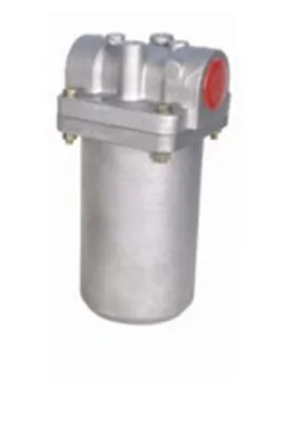 Metal filter housing with a cylindrical body and bolted top cover, featuring a red inlet or outlet port, designed for industrial fluid filtration systems.