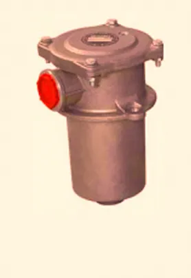 Compact cylindrical tank mounted filter with a bolted top cover and side inlet, used for hydraulic systems to remove contaminants from fluids.