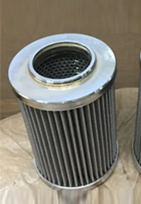 Cylindrical in-line filter with pleated metal mesh body and metallic end caps, designed for filtration in hydraulic and fluid processing systems