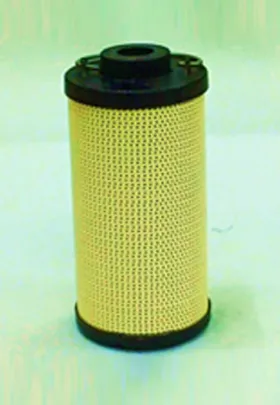 Cylindrical return-line filter with a yellow perforated outer surface and black end caps, designed for hydraulic fluid filtration in return flow systems.